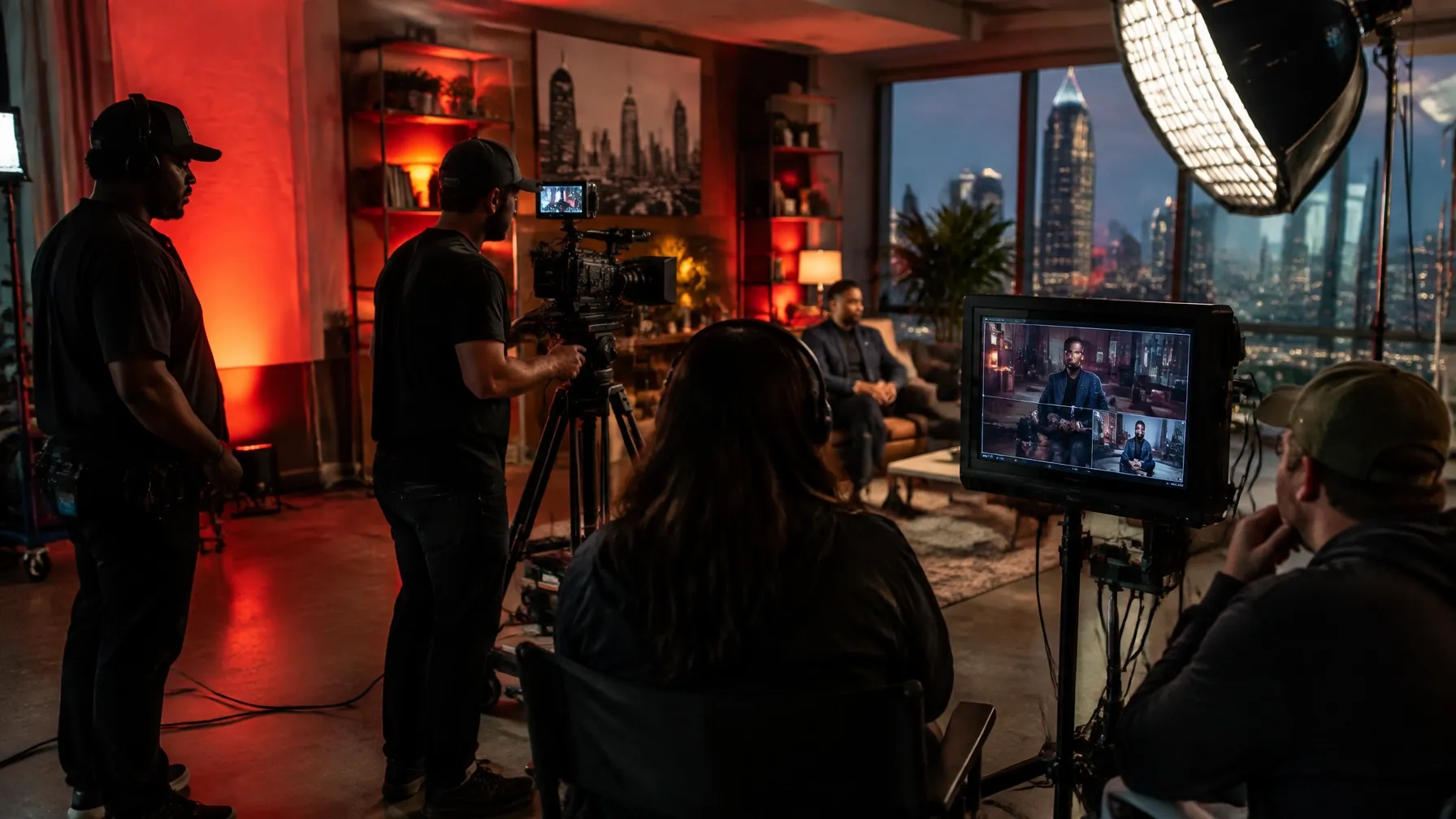 A media production crew films an interview in an Atlanta studio overlooking the city skyline