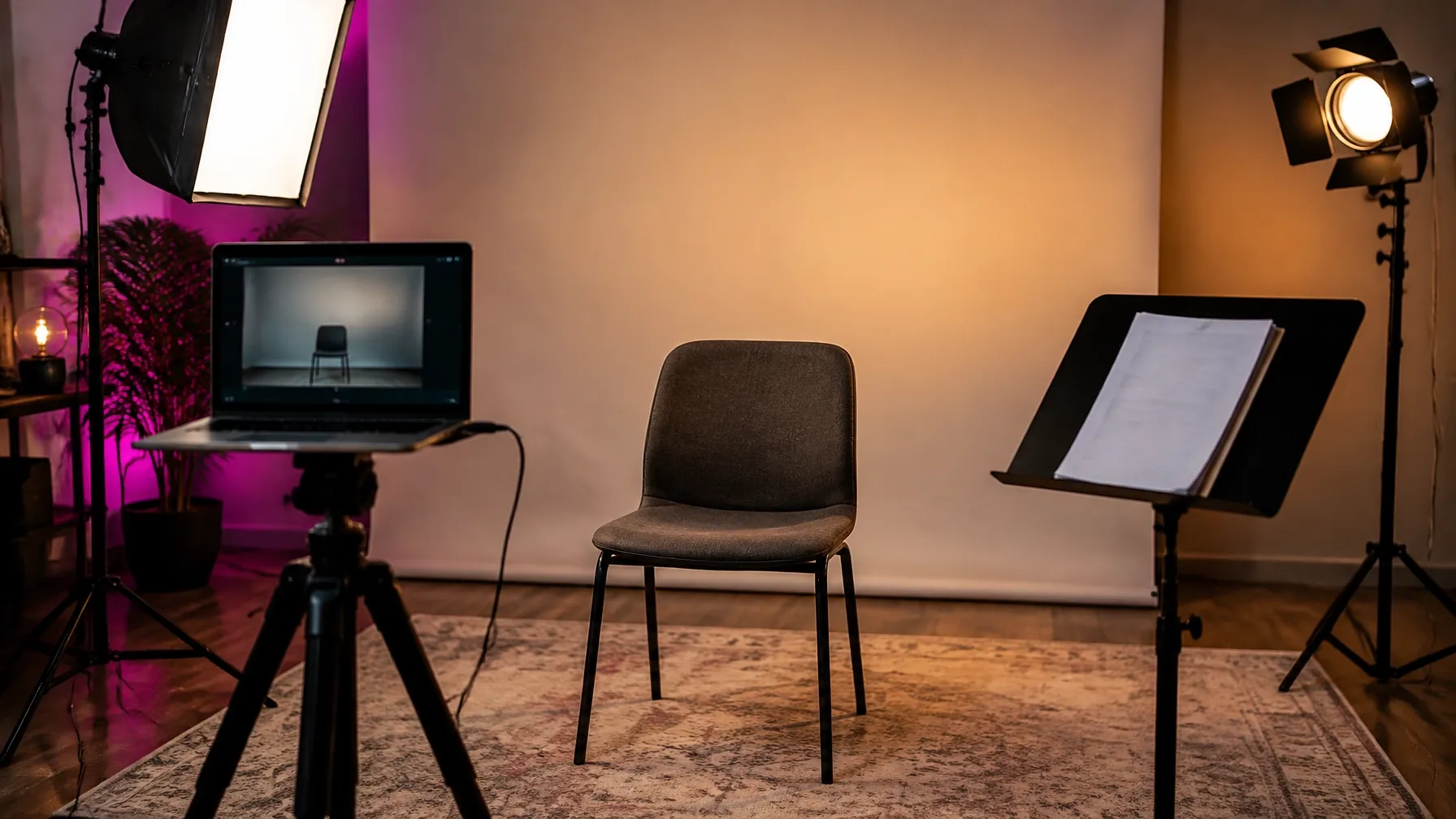 Self-tape studio setup with a camera, chair, lights and script stand