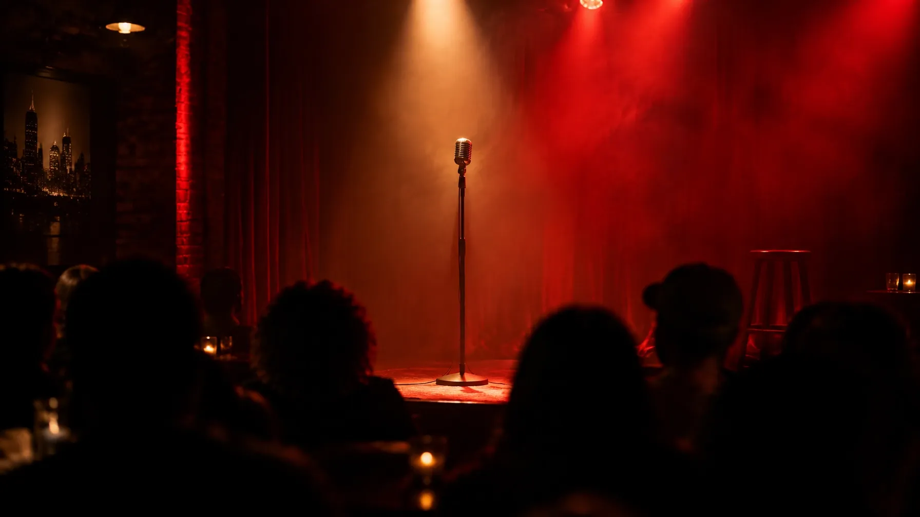 A microphone on a warmly lit comedy stage in front of an audience