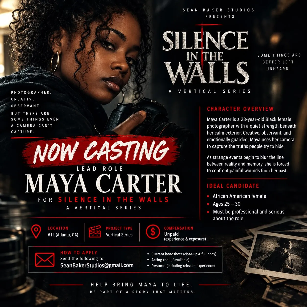 Silence in the Walls casting flyer for the lead role Maya Carter from Sean Baker Studios