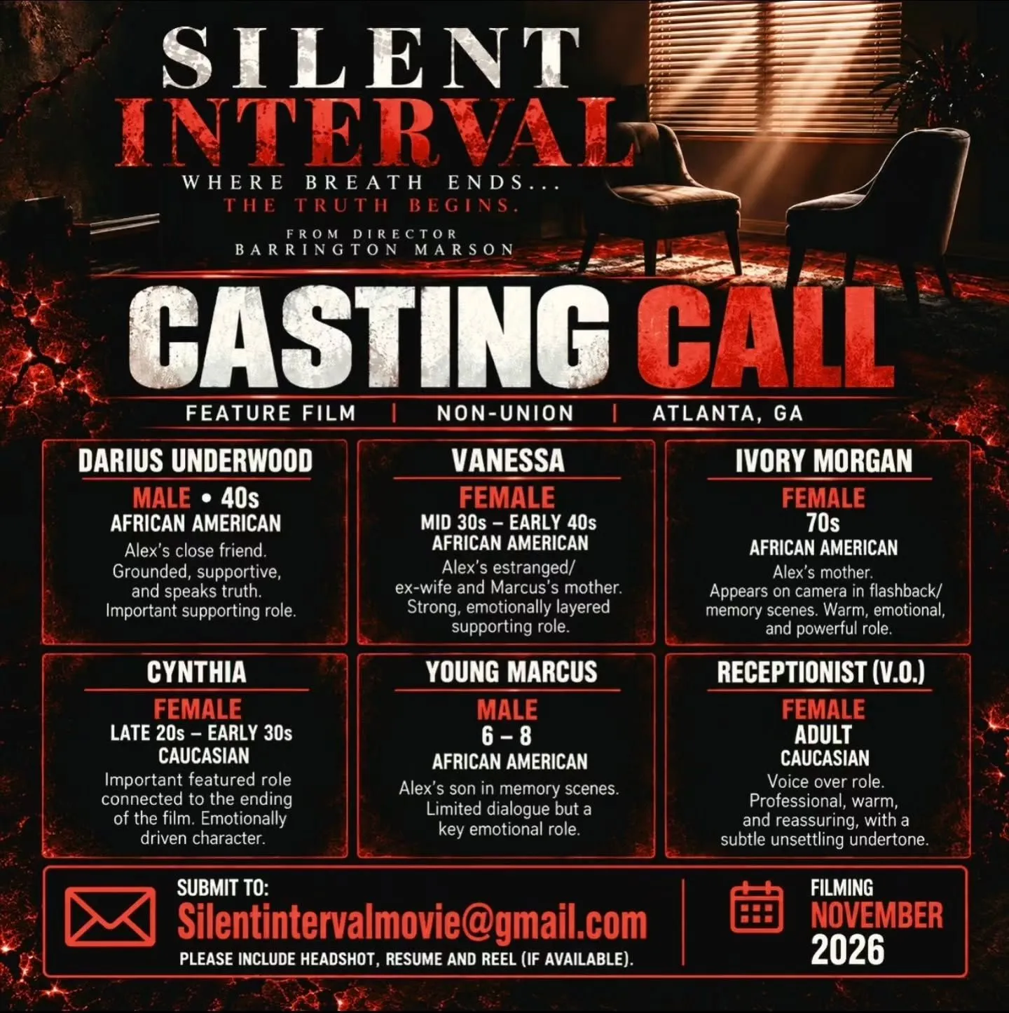 Silent Interval feature film casting flyer with six role descriptions