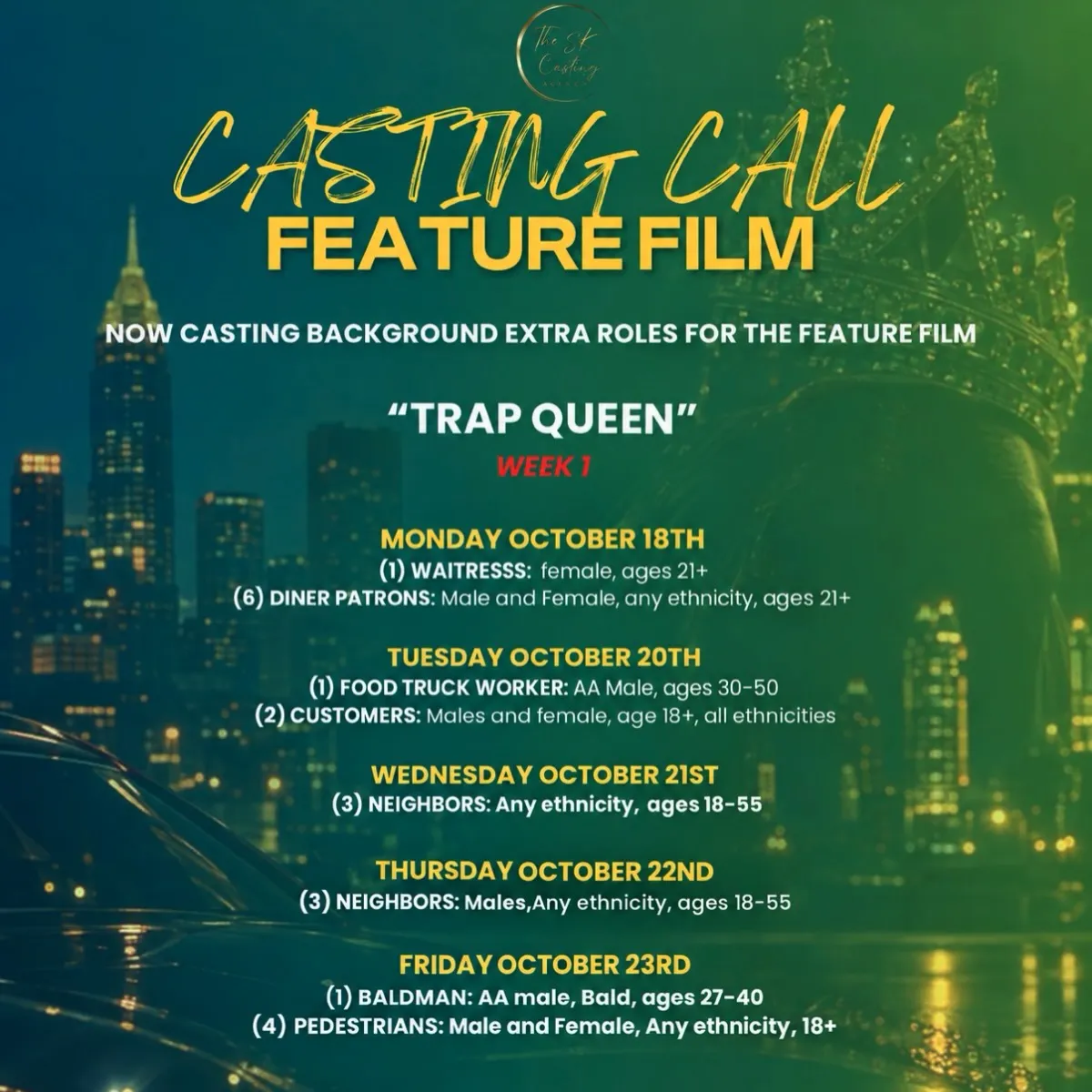 Trap Queen feature film casting flyer from The SK Casting Agency seeking background and featured extras in Atlanta